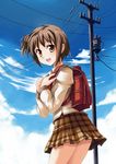  backpack bad_id bad_pixiv_id bag brown_eyes brown_hair nekomiya_nono plaid plaid_skirt power_lines saimon_ma school_uniform short_hair side_ponytail skirt solo yotsunoha 