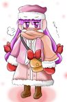  =3 artist_request bag blush boots coat full_body gloves hair_ribbon handbag hat jitome long_hair mittens patchouli_knowledge purple_eyes purple_hair red_gloves red_ribbon ribbon scarf simple_background solo standing touhou white_background winter_clothes winter_coat 