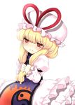  bad_id bad_pixiv_id blonde_hair blush bunching_hair chibi frown hat hizuki_akira pout red_eyes ribbon solo touhou yakumo_yukari 