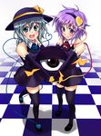  alternate_costume backbeard black_legwear blush carrying checkered checkered_floor elbow_gloves eyes gegege_no_kitarou gloves green_eyes hairband hat komeiji_koishi komeiji_satori mary_janes multiple_girls perspective purple_eyes purple_hair ribbon shoes short_hair thighhighs touhou tsujigiri white_hair zettai_ryouiki 