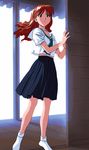  animated animated_gif asuka_(viper) black_eyes brown_hair katsura_ken'ichirou long_hair midriff non-web_source school_uniform serafuku socks solo viper viper_ctr viper_v10 wind 