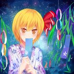  bad_id bad_pixiv_id blonde_hair blush japanese_clothes kimono night rumia short_hair sky solo star_(sky) starry_sky tanabata tanzaku touhou yellow_eyes yonaga_(masa07240) 