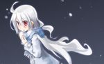  :o ahoge blush breath fuka_(mizno_fuka) jacket long_hair long_sleeves red_eyes scarf silver_hair snow solo suguri suguri_(character) very_long_hair 