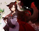  animal_ears brooch brown_hair character_name dress fingernails imaizumi_kagerou iwamoto_zerogo jewelry long_hair long_sleeves paws red_eyes solo tail touhou wide_sleeves wolf_ears wolf_tail 