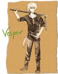  armor belt male male_focus mirage_noir monochrome sketch staff vesper vesper_(mirage_noir) white_hair 