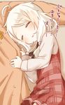  :o ahoge blonde_hair blush closed_eyes clothes_grab dress hair_ornament highres idolmaster idolmaster_cinderella_girls leaning_on_person low_twintails muku_(muku-coffee) open_mouth producer_(idolmaster) sleeping solo_focus sweatdrop twintails yusa_kozue 