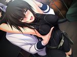  1girl armpits arms_up ball basketball bdsm belt black_hair blush bondage bound breast_grab breasts game_cg grabbing highres kawagishi_keitarou legs long_hair looking_back maji_de_watashi_ni_koi_shinasai! matsunaga_tsubame medium_breasts open_mouth purple_eyes smile standing sweat thighs tied_up 