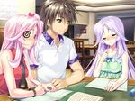  1boy 1girl 2girls @_@ aozora_stripe astronauts blush chair desk eyes_closed game_cg long_hair mizutani_sakura mizutani_sumire multiple_girls okazaki_shinya paper pen pink_hair piromizu purple_hair siblings sisters 