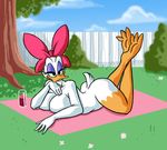  2014 anthro avian big_breasts bird bow breasts butt daisy_duck disney drink duck female flower grass legs_up looking_at_viewer lordstevie nude outside plants sky solo teasing tree 
