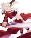  archer dual_wielding fate/kaleid_liner_prisma_illya fate_(series) holding illyasviel_von_einzbern kanshou_&amp;_bakuya long_hair md5_mismatch midriff prisma_illya shinooji solo sword weapon white_hair yellow_eyes 