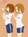  brown_eyes brown_hair gym_shorts gym_uniform headband hirasawa_yui k-on! kakari_(peehs) multiple_girls short_hair shorts smile tainaka_ritsu tying 