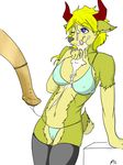  anthro bikini black_nose blonde_hair blue_eyes breasts clothed clothing cum cum_in_mouth cum_inside demon disembodied_penis duo excessive_cum female flaccid fur green_fur hair horn horsecock legwear licking licking_lips male navel nipples one_eye_closed penis plain_background skimpy spicyocean standing stockings swimsuit thigh_highs tongue tongue_out white_background 