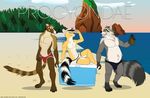  3_males abs alcohol beach beer beverage bulge cacomistle coati cooler english_text fur hair hat kobi_lacroix male mammal multiple_males outside raccoon salute seaside swimsuit text 