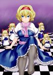  alice_margatroid apron black_legwear blonde_hair blue_eyes bow breasts capelet checkered checkered_floor closed_eyes dress hair_bow hair_over_one_eye hairband hand_to_own_mouth highres knee_up kurone large_breasts light_smile lips long_sleeves looking_at_viewer mary_janes no_shoes pantyhose purple_background ribbon sash shanghai_doll shoes short_hair sideways_glance sitting solo touhou waist_apron yawning 