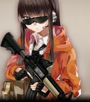  assault_rifle bag brown_hair fingerless_gloves gloves gun headset hood hood_down hooded_jacket jacket long_hair m4_carbine original rff_(3_percent) rifle solo sunglasses trigger_discipline weapon 