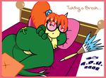  bed breasts butt eyewear feather_duster female glasses green_skin hair invalid_tag koopa looking_at_viewer lying maid maid_uniform mario_bros nintendo nipples on_side orange_hair pillow piper pussy reddragonkan scalie solo video_games 