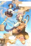  bad_id bad_pixiv_id barefoot beamed_eighth_notes biwa_lute brown_dress brown_eyes brown_hair chain dress eho_(icbm) eighth_note flat_sign flower hair_flower hair_ornament hairband instrument long_hair long_sleeves looking_at_viewer lute_(instrument) multiple_girls musical_note open_mouth outstretched_arms pink_eyes purple_eyes sash shirt skirt smile staff_(music) touhou treble_clef tsukumo_benben tsukumo_yatsuhashi twintails very_long_hair 