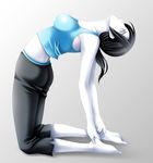  ass barefoot black_hair breasts capri_pants feet full_body grey_eyes highres long_hair looking_up medium_breasts pants plantar_flexion solo stretch tamamon tank_top white_skin wii_fit wii_fit_trainer 