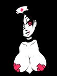  1girl bad_id bad_tumblr_id breasts choker cleavage drcockula eyepatch hair_over_one_eye hat large_breasts monochrome nurse_cap pasties red_cross red_eyes scar skullgirls solo spot_color valentine_(skullgirls) 