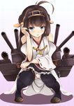  bare_shoulders black_legwear blue_eyes blush boots brown_hair full_body hairband hazuki_gyokuto headgear highres japanese_clothes kantai_collection kongou_(kantai_collection) looking_at_viewer nontraditional_miko panties parted_lips ribbon-trimmed_sleeves ribbon_trim rifling shadow sidelocks skirt solo squatting thigh_boots thighhighs turret underwear white_background white_panties wide_sleeves 