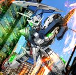  day glowing glowing_eyes gn_drive green_eyes gundam gundam_00 gundam_exia hiropon_(tasogare_no_puu) light_particles mecha no_humans photo_background shield sky solo sparks sword weapon 