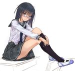  :o black_eyes black_hair blush glasses kazeno kneehighs long_hair original school_uniform serafuku shoes sitting skirt solo uwabaki 