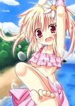  armpits arms_up barefoot beach bikini bikini_skirt blonde_hair breasts day feet flower frilled_bikini frills hair_flower hair_ornament highres jyon1008 long_hair medium_breasts ocean original outdoors red_eyes solo swimsuit twintails two_side_up underboob water 