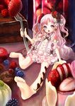  barefoot blueberry cake chocolate chocolate_heart dress earrings food food_themed_hair_ornament fork fruit hair_ornament hane_segawa heart jewelry long_hair minigirl original oversized_object parfait pink_eyes pink_hair raspberry strawberry twintails 