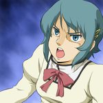  blue_eyes bow gundam hair_ornament hairclip kamille_bidan mahou_shoujo_madoka_magica miki_sayaka onsoku_maru parody school_uniform short_hair solo style_parody zeta_gundam 