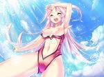  1girl aozora_stripe astronauts blush breasts collarbone eyes_closed game_cg long_hair mizutani_sakura navel nipples open_mouth pink_hair piromizu swimsuit wardrobe_malfunction 