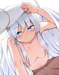  1girl bad_id bad_pixiv_id bed_sheet blue_eyes dutch_angle flat_chest hair_censor hat hesogoma hibiki_(kantai_collection) highres jewelry kantai_collection long_hair navel nude petite pov ring silver_hair solo_focus verniy_(kantai_collection) 