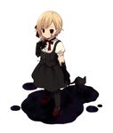  black_cat blonde_hair bow bowtie brown_eyes cat darkness dress hair_ribbon ink mary_janes original pantyhose puffy_short_sleeves puffy_sleeves ribbon shoes short_hair short_sleeves solo tozaki_makoto 