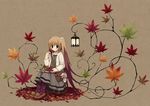  autumn autumn_leaves bag book branch dress floral_print food fruit green_eyes jacket jewelry lantern leaf long_hair maple_leaf multicolored_hair necklace open_clothes open_jacket original pantyhose print_legwear shadow shoulder_bag sitting solo tozaki_makoto twintails 