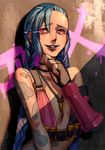  bare_shoulders belt blue_hair breasts bullet fingerless_gloves gloves jewelry jinx_(league_of_legends) league_of_legends long_hair necklace pink_eyes small_breasts smile solo spray_paint tattoo usagi_haku 
