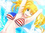  1girl american_flag_bikini armpits arms_up beach bikini bikini_top blonde_hair blue_eyes breasts cloud clouds flag_print game_cg happy highres kawagishi_keitarou large_breasts long_hair looking_at_viewer maji_de_watashi_ni_koi_shinasai! navel ocean open_mouth sky smile solo stacy_connor standing swimsuit twintails water wink 