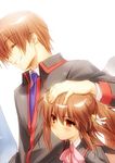  1girl bell blush brown_hair grin hair_bell hair_ornament hand_on_another's_head little_busters! long_hair natsume_kyousuke natsume_rin petting ponytail pout red_eyes ribbon school_uniform short_hair smile zen 