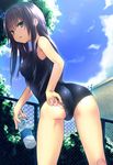  adjusting_clothes adjusting_swimsuit ass bangs bare_arms bare_shoulders black_hair bottle breasts cloud commentary day eyebrows_visible_through_hair from_behind fujiwara_mizuki green_eyes hair_between_eyes highres holding holding_bottle long_hair looking_at_viewer looking_back medium_breasts one-piece_swimsuit original outdoors school_swimsuit sky solo swimsuit tree 