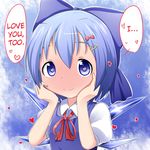  1girl blue_dress blue_eyes blue_hair blush bow bust cirno dress hair_bow hair_ornament hairclip hands_on_own_cheeks hands_on_own_face hard_translated heart heart-shaped_pupils highres ice ice_wings looking_at_viewer makuran puffy_sleeves shirt short_sleeves smile solo symbol-shaped_pupils touhou translated upper_body wings 