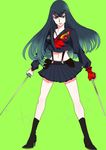  1girl bad_id eyebrows eyepatch green_background hanamiboshi kill_la_kill kiryuuin_satsuki long_hair navel senketsu simple_background spoilers standing sword weapon 