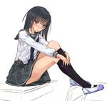  :o black_eyes black_hair blush kazeno kneehighs long_hair original school_uniform serafuku shoes sitting skirt solo uwabaki 