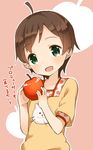  :d ahoge animal_print apple brown_hair cat_print food fruit green_eyes highres holding holding_food holding_fruit idolmaster idolmaster_million_live! kinoshita_hinata muku_(muku-coffee) open_mouth pink_background polka_dot short_hair simple_background smile solo 