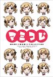  &gt;_&lt; 1girl =_= blonde_hair blush_stickers character_name chibi closed_eyes commentary_request copyright_name drill_hair english es_(eisis) grin hair_ornament heart mahou_shoujo_madoka_magica o3o open_mouth sleeping smile tears tomoe_mami twintails wavy_mouth 
