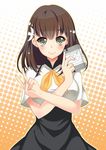  blush breasts brown_hair gatchaman_crowds green_eyes hair_ornament hasu_(velicia) highres ichinose_hajime large_breasts looking_at_viewer notepad short_hair skirt smile solo v 