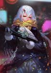  bouquet coat flower gloves gun hair_ornament hairclip karasu-san_(syh3iua83) long_hair original rifle scarf shotgun smile solo weapon white_hair winter_clothes winter_coat yellow_eyes 