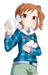  blush brown_hair earmuffs futami_mami grin hairband highres holding idolmaster idolmaster_(classic) idolmaster_million_live! jacket muku_(muku-coffee) plaid shorts side_ponytail simple_background smile snowball solo white_background 