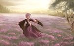  dress field flower flower_field long_sleeves looking_at_viewer open_mouth outstretched_arms pink_eyes pink_hair smile solo tree twintails vocaloid voiceroid wide_sleeves yamamomo_(plank) yuzuki_yukari 