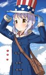  :&lt; american_flag bag blush brown_eyes cloud coat day flag_print fur_trim hands_on_headwear hat highres idolmaster idolmaster_million_live! lavender_hair makabe_mizuki mittens muku_(muku-coffee) print_hat satchel short_hair sky snowman solo star striped vertical_stripes 