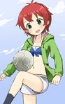  :d ball bandeau blush cloud day green_eyes highres hood hoodie idolmaster idolmaster_million_live! julia_(idolmaster) leg_up muku_(muku-coffee) navel open_clothes open_hoodie open_mouth red_hair short_hair shorts smile soccer soccer_ball socks solo 