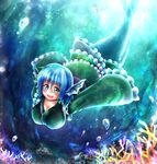  :d aqua_eyes blue_eyes blue_hair breasts bubble cleavage coral head_fins japanese_clothes kimono large_breasts long_sleeves mermaid monster_girl obi open_mouth sash satoji_(ochanomkmskry) short_hair smile solo swimming touhou underwater wakasagihime wide_sleeves 