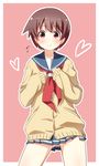  blush brown_hair cardigan flying_sweatdrops kiyosumi_school_uniform miyanaga_saki neckerchief red_eyes red_neckwear saki school_uniform serafuku short_hair skirt smile solo sweater umekichi winter_uniform 